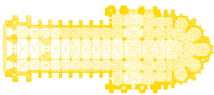 Reims, Kathedrale, Chor, Querhaus und Ostjoche des Langhauses, Ma&szlig;stab ca. 1:800;
Klick: Bild 673kB!: Reims, Kathedrale, Chor von Osten, ab 1212