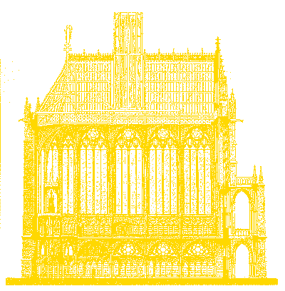 Paris, Schnittzeichnung der Sainte-Chapelle, Turm gekürzt;
Klick: Bild 931kB!: Paris, Sainte-Chapelle, Innenansicht nach Osten