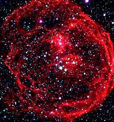Helle Blase aus interstellarem Gas (Durchmesser 300 Lichtjahre) in der
Großen Magellanschen Wolke: N70