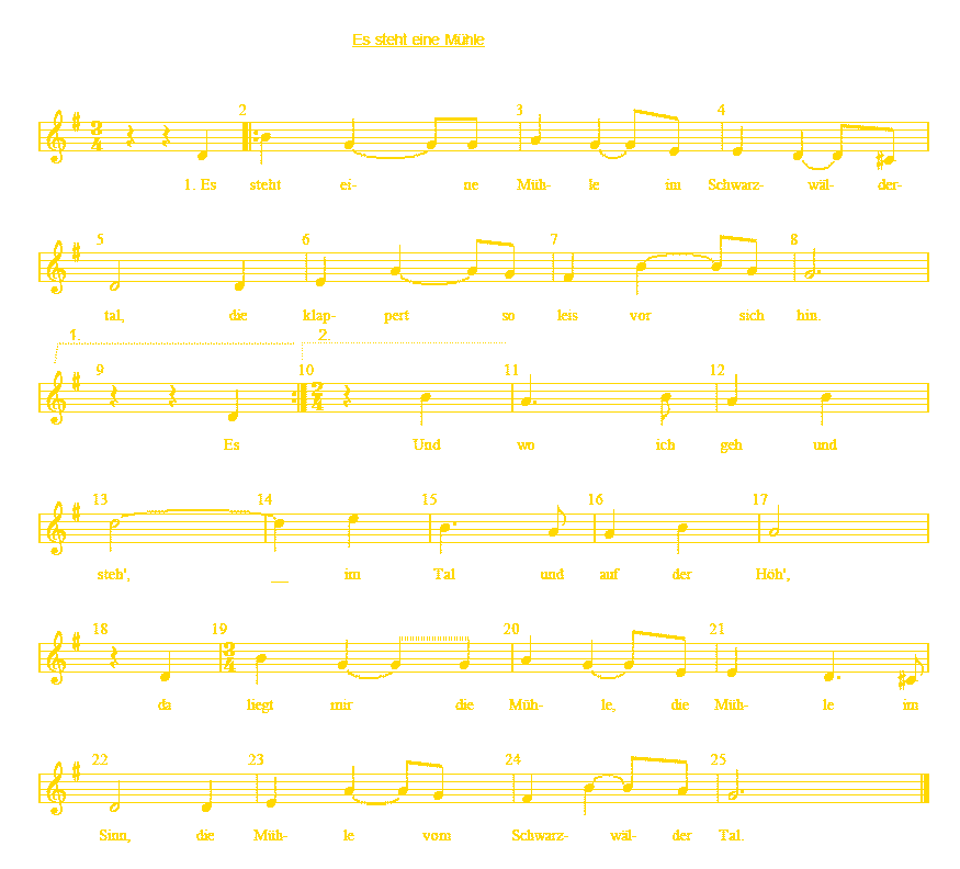 Noten von ,,Es steht eine Mühle im Schwarzwäldertal; Farbe: gold (RGB=255,216,0);
transparent freigestellt